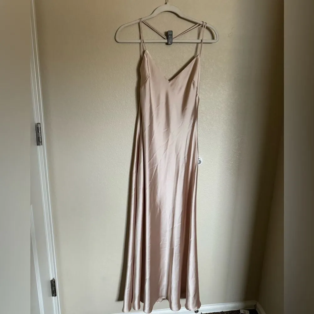 ZARA Satin Maxi Slip Dress Sz L Champagne‎ Gold Double Strap NEW with FLAW - Image 4