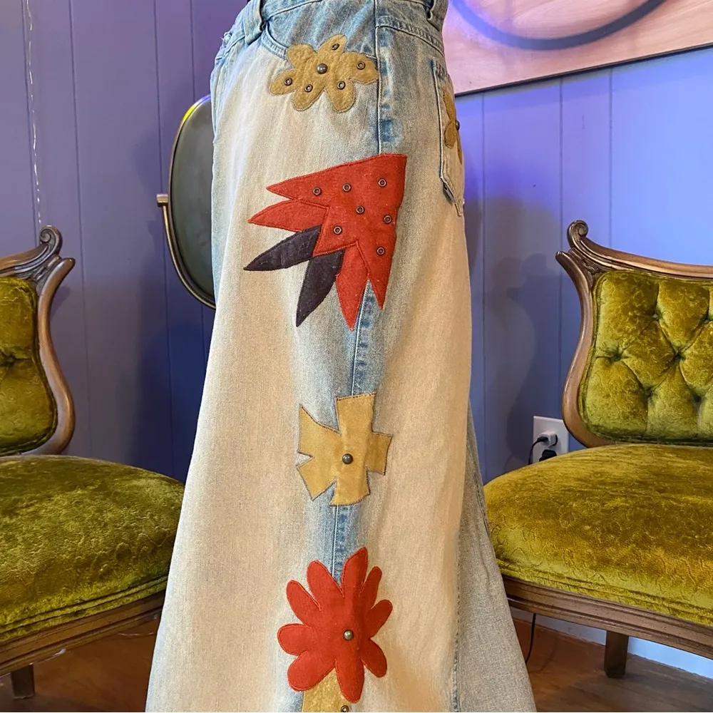 Vintage 90s/Y2K RARE Road Cat Suede And Felt Patchwork Maxi Denim Skirt Size M Size M - Image 5