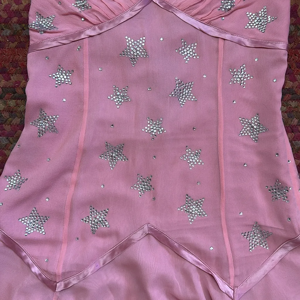 VTG Y2K BETSEY JOHNSON EVENING SILK GOWN PINK RHINESTONE STAR DRESS FAIRY - Image 10