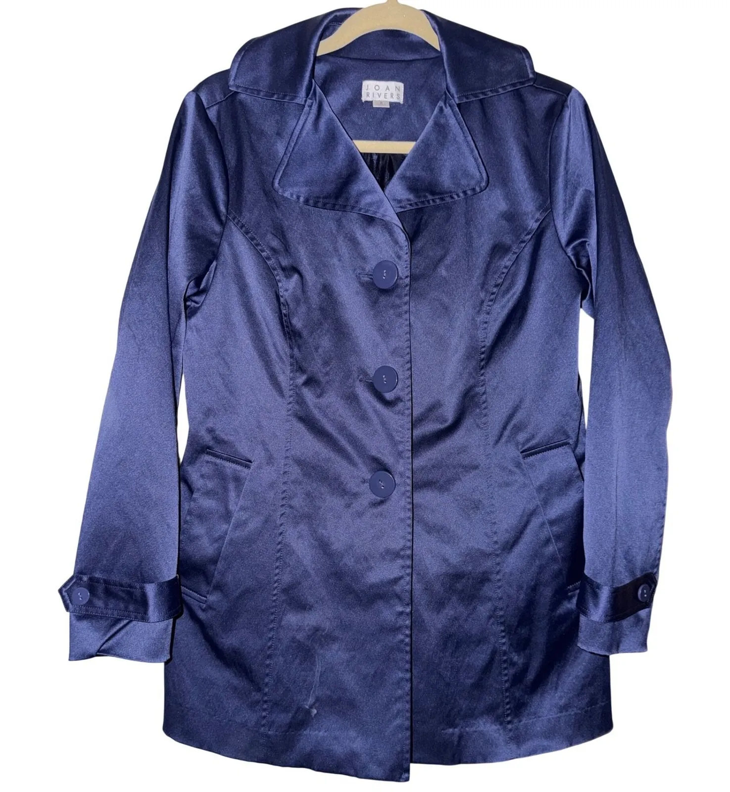 Joan Rivers Satin Trench Coat Navy Blue Button Front vintage Size S - Image 1