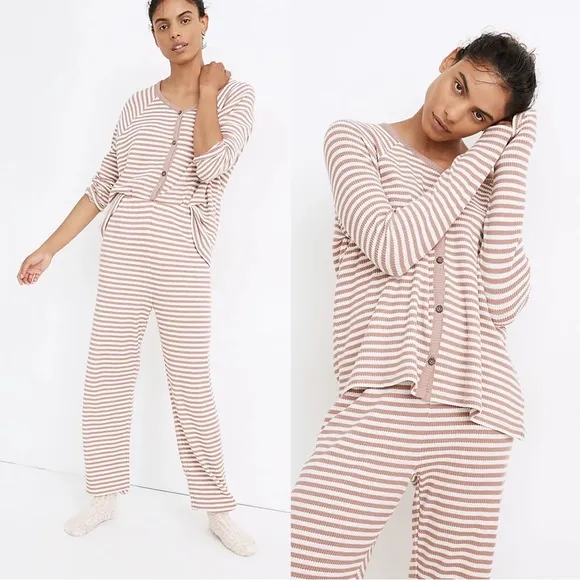 Madewell • Waffle Knit Pajama set top pants Lorain Stripe pink cream knit pjs - Image 2