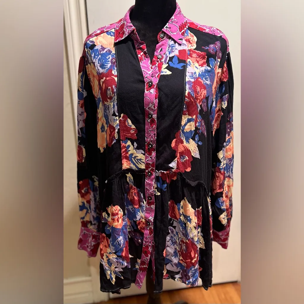 Free People Bunch A Brunch Tunic‎ Top Dress Black Motif Pink Purple Floral Small - Image 14
