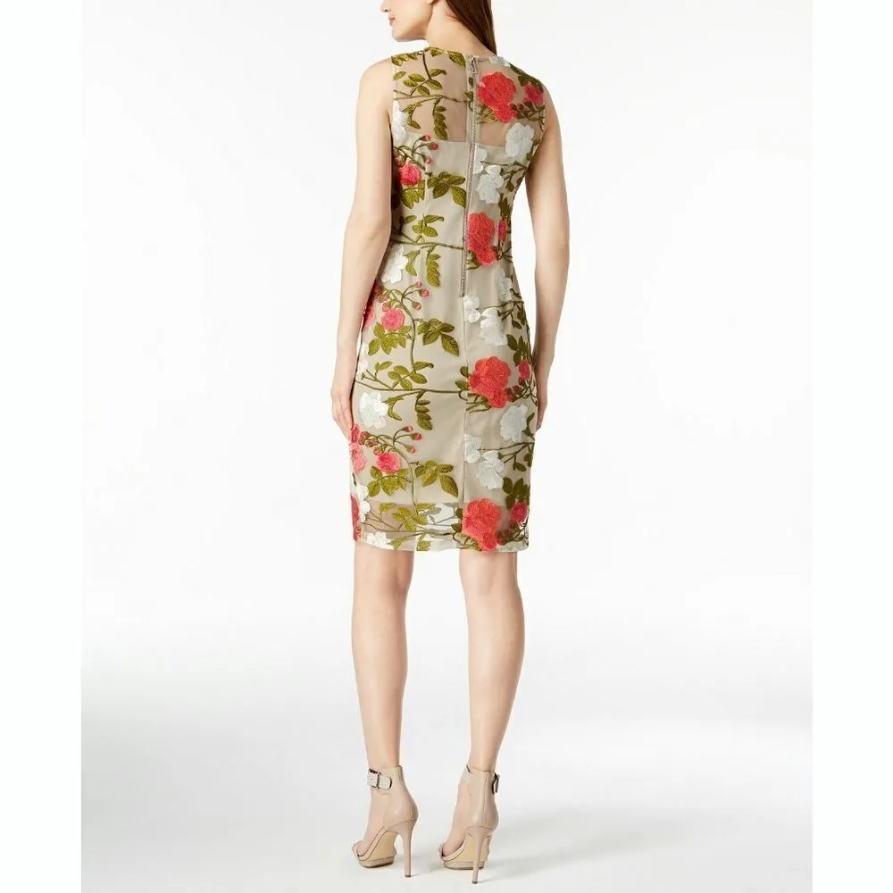 New! CALVIN KLEIN Women's Floral Embroidered Sheath Dress Size 8 Color Cork - Image 2