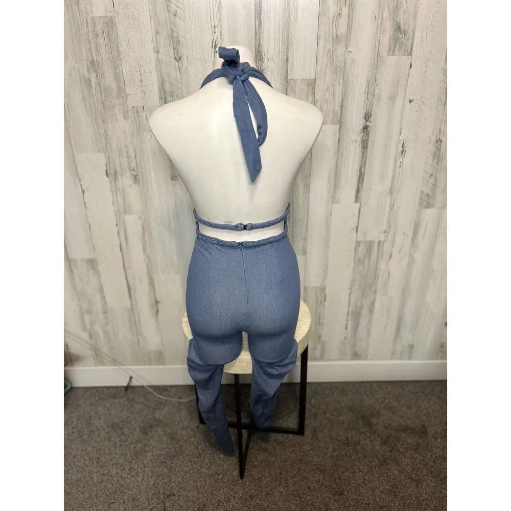 Main Strip Blue Halter Jumpsuit Women’s Size M – Plunge V Neck, Tie Back, Sexy O - Image 3
