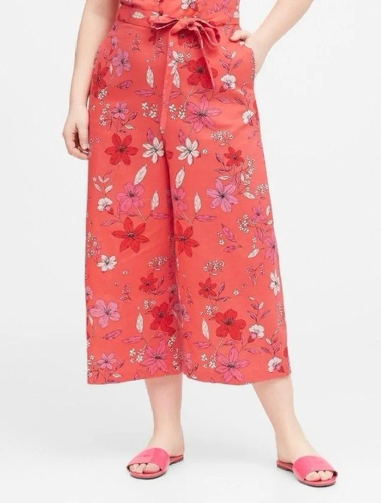 Banana Republic Light Red Floral Linen Blend Wide Leg Cropped Jumpsuit size 8P - Image 2