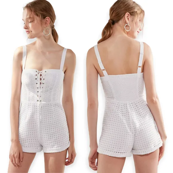 Urban Outfitters by Kimchi Blue | Small | White Heidi Lace-Up Eyelet Romper - Image 2