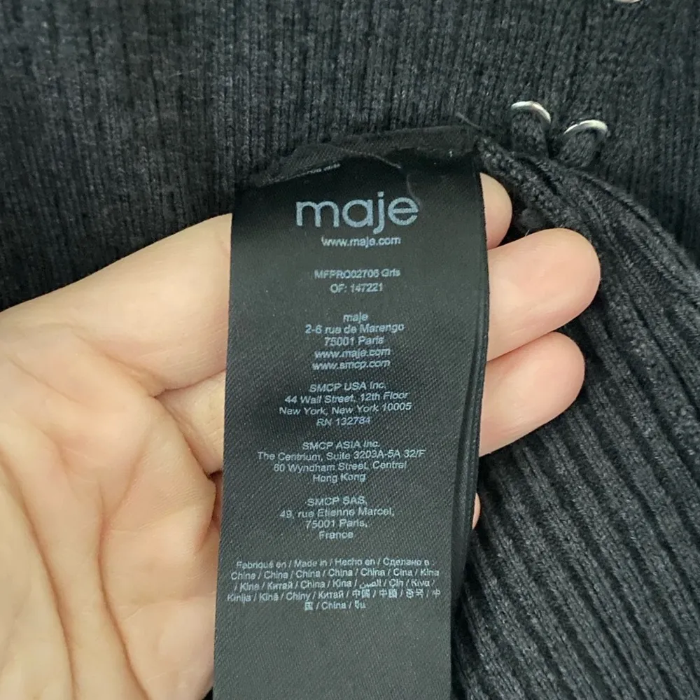 Maje Ribbed Knit Midi Dress Grey Acrylic Lace Eyelet Detail Three Quarter Sleeve - Image 7