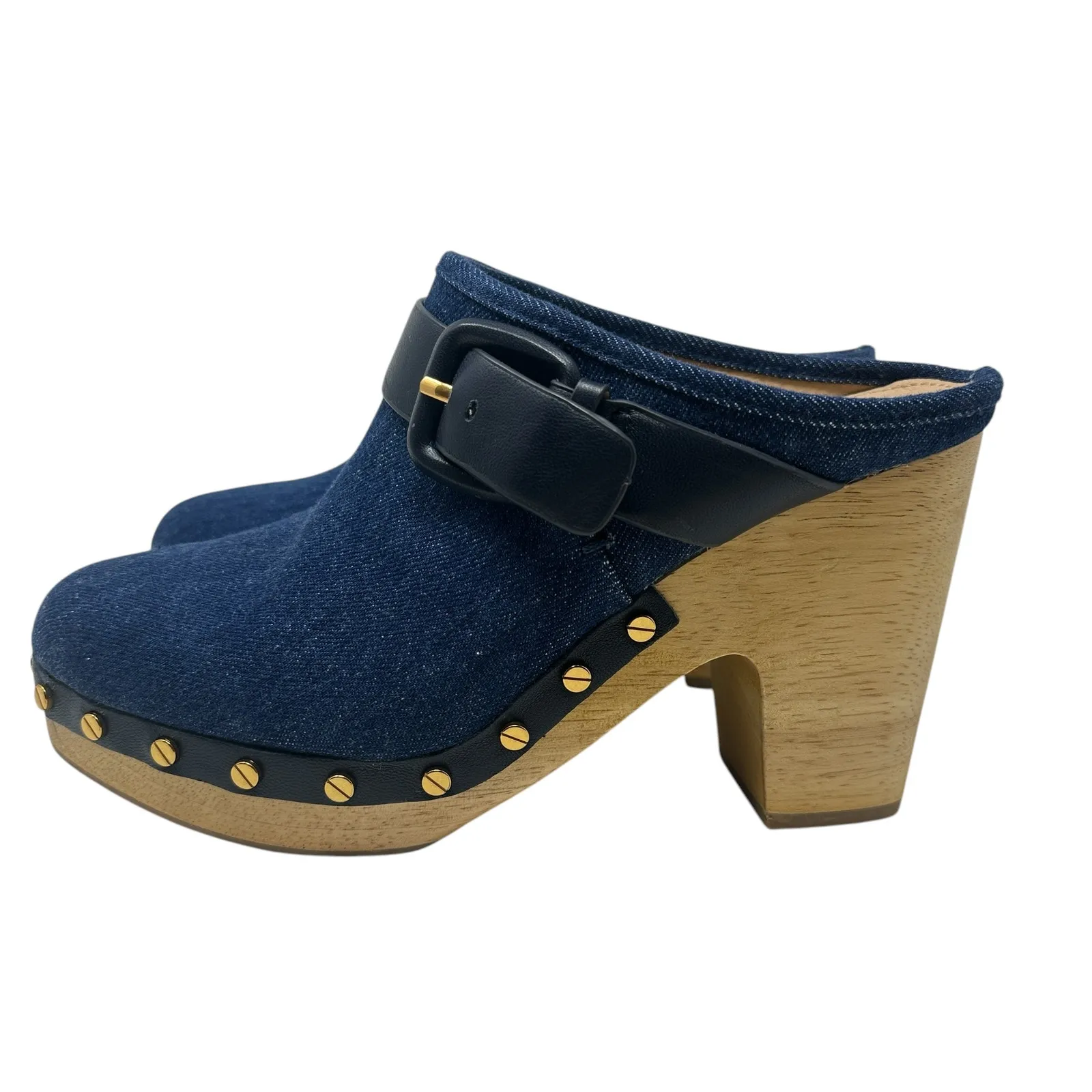Veronica Beard Dacey Denim Clogs Heels Studded Buckle Wood Blue Size 9.5 - Image 13