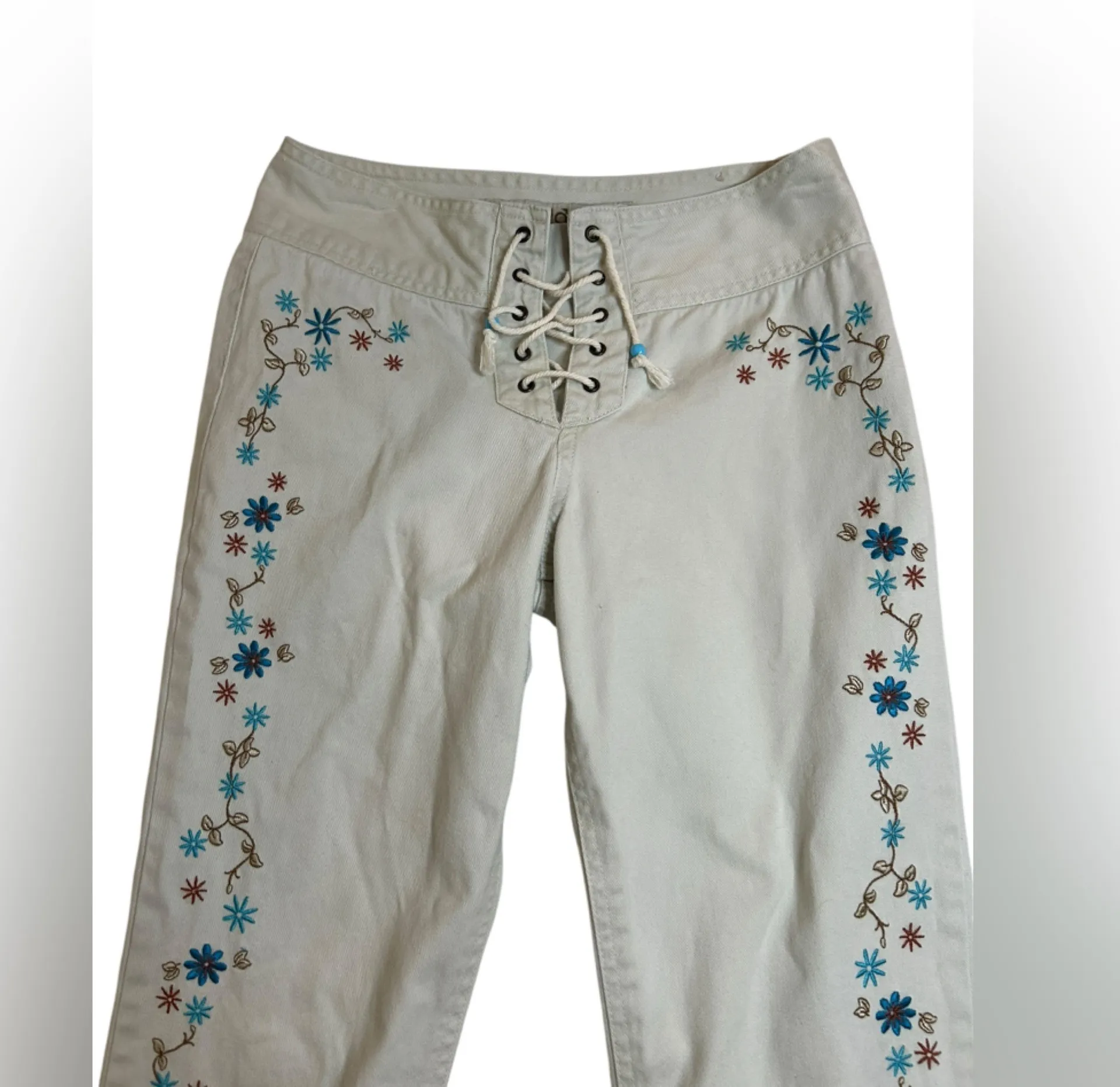 Vintage Y2K Mudd Lace-Up Front Tie Flare Jeans Size 3 Floral Embroidered RARE - Image 3