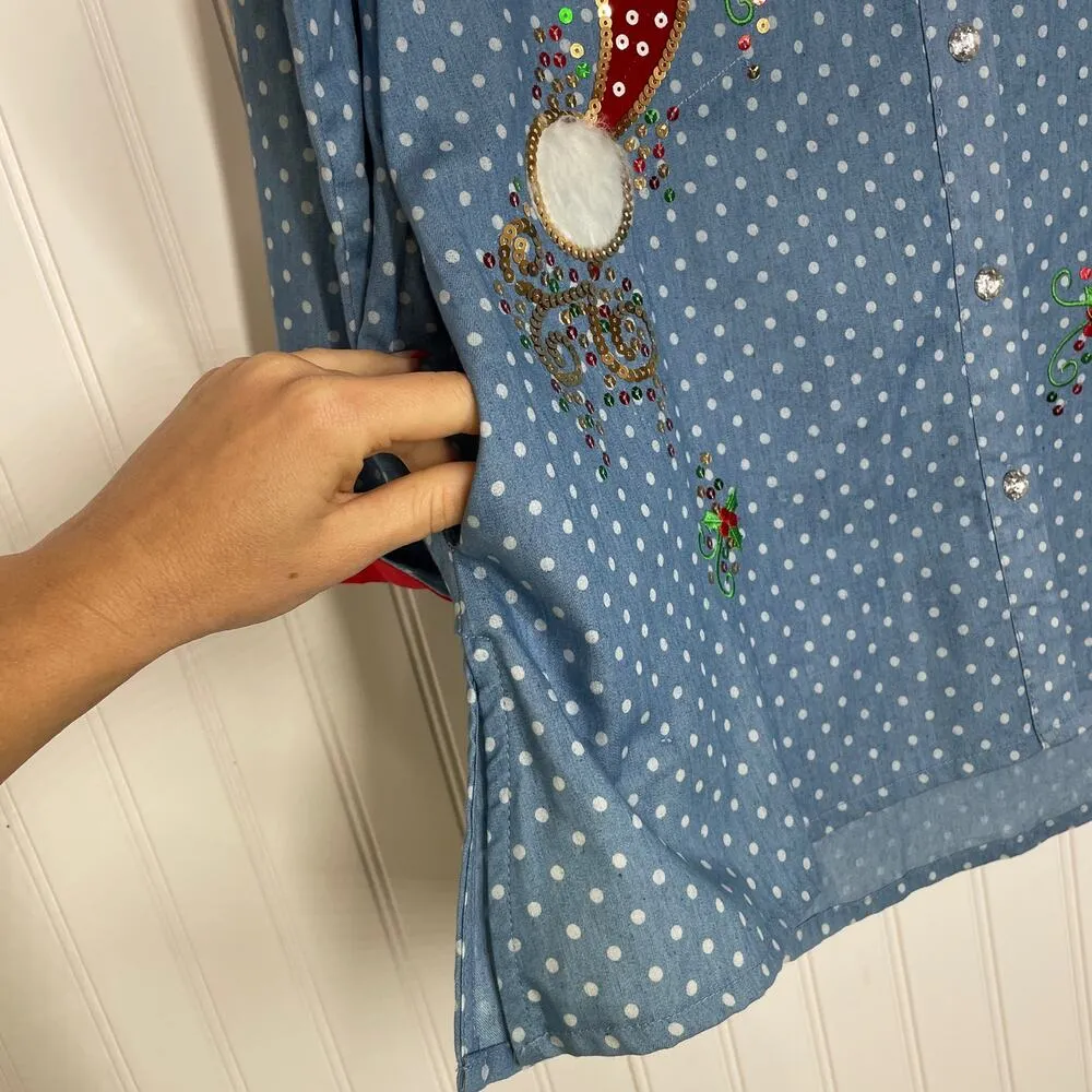 Jack b. quick Women’s Blue Polka Dot Sequined Holiday Button Blouse Size S - Image 4