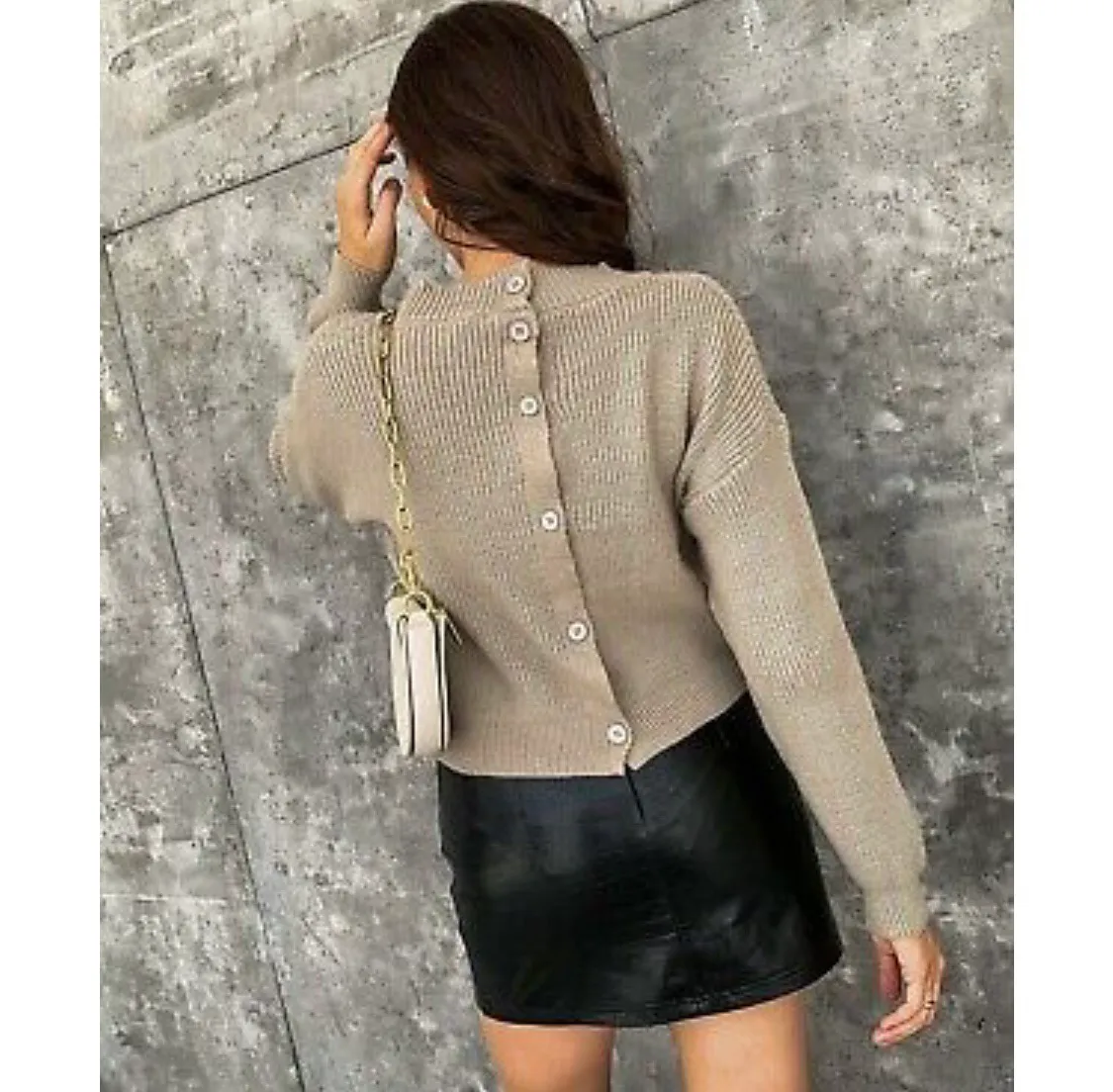 NEW! Sz M Ribbed Knit Button Back Khaki Sweater So Cute!! - Image 5