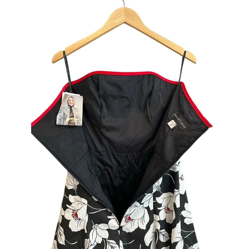 VTG GUNNE SAX Jessica McClintock Strapless Black White Floral Red Trim Dress  6 - Image 9