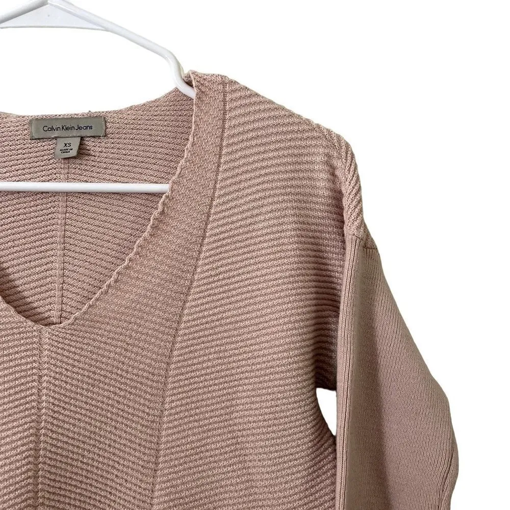 Calvin Klein Jeans tan neutral vneck sweater knit classic design ribbed sleeve - Image 2