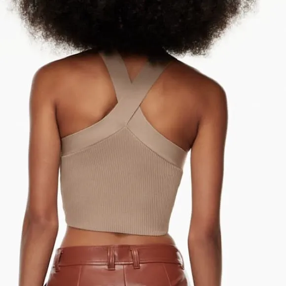 Aritzia Babaton Sculpt Knit Criss Cross Ribbed Cropped Tank Top Tan Beige Size S - Image 4