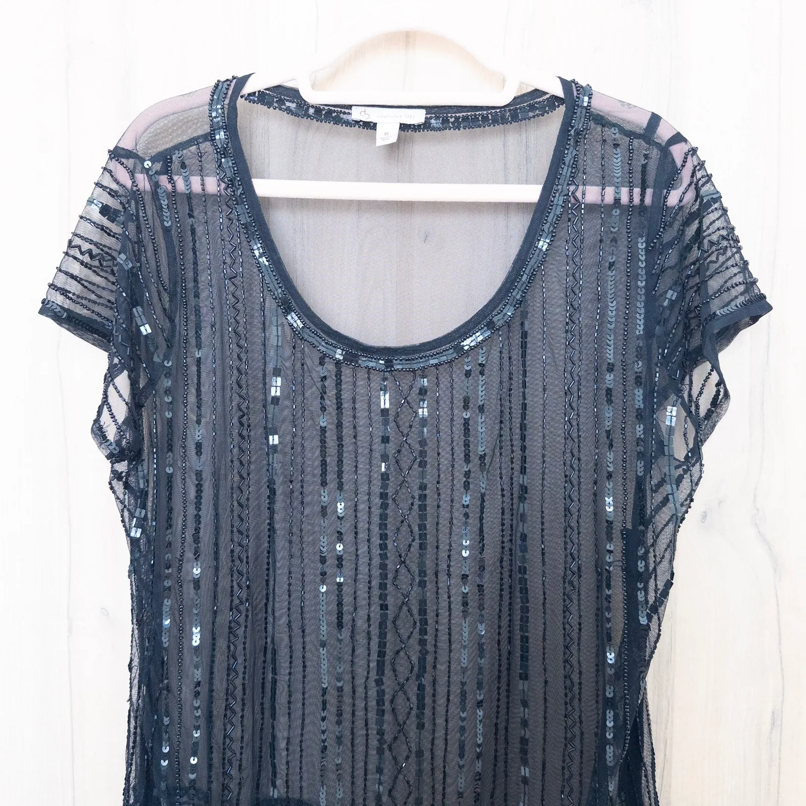 Womens Sheer Beaded Top Size XL Black Short Sleeve Mesh Party Art Deco Gatsby - Image 2