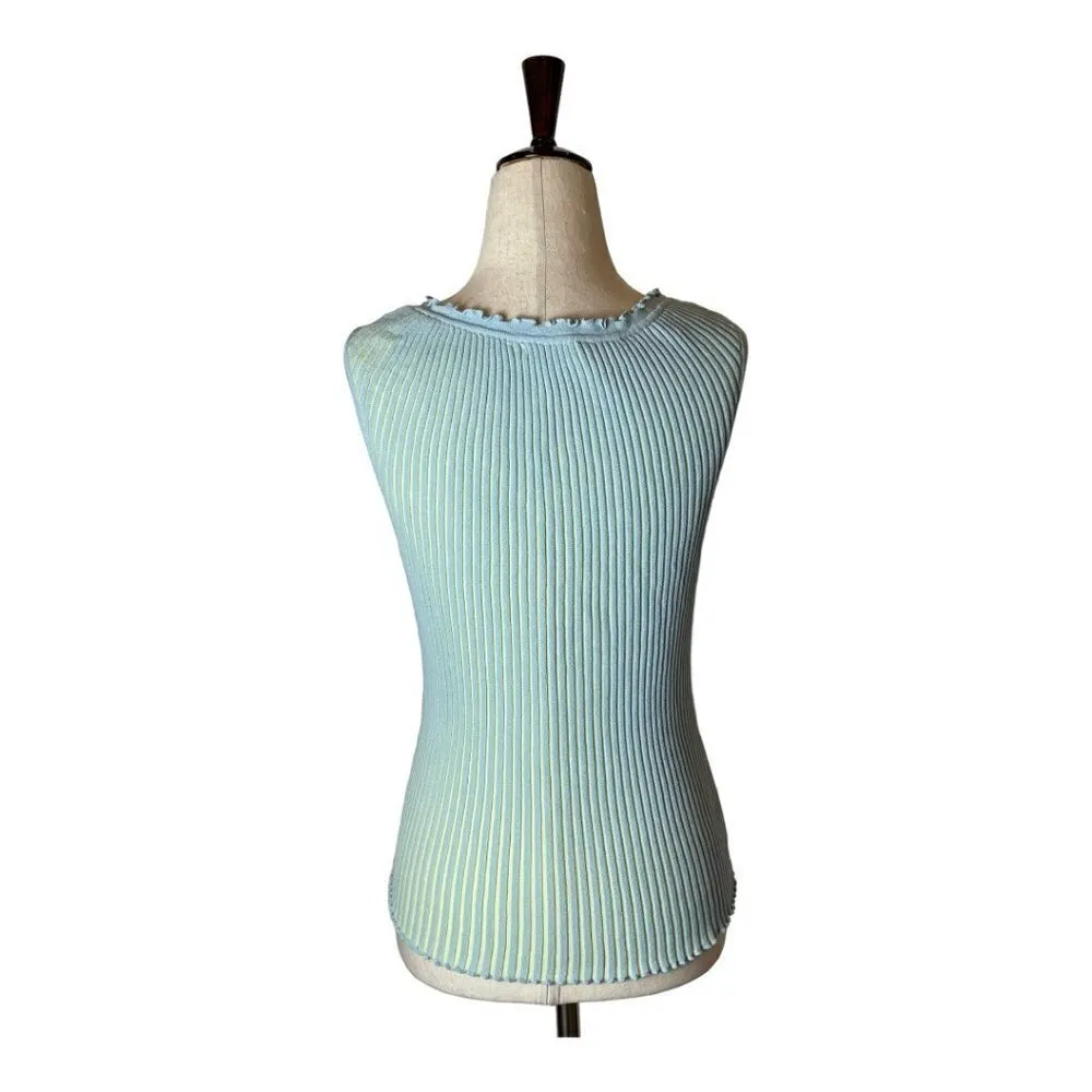 Dolce Cabo Blue And Yellow Ribbed Knit Ruffled Neckline‎ And Hem Tank Top M Size M - Image 2