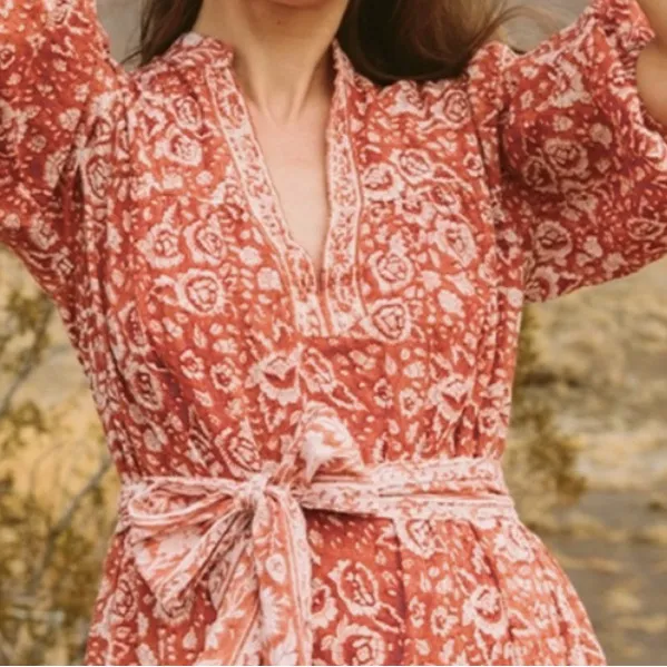 Cleobella Sara Terracotta floral Block Print midi Dress medium cotton belted - Image 6