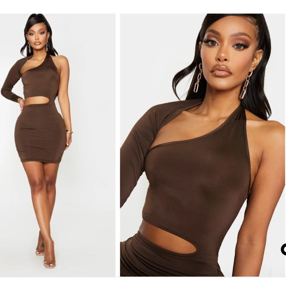 Plt prettylittlething Shape Brown Slinky Cut Out One Sleeve Bodycon Dress size 6 - Image 2