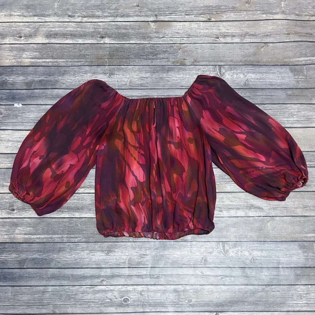 Alice Olivia Red Purple Orange Sheer Off The Shoulder 3/4 Bishop Sleeve Silk Top - Image 6