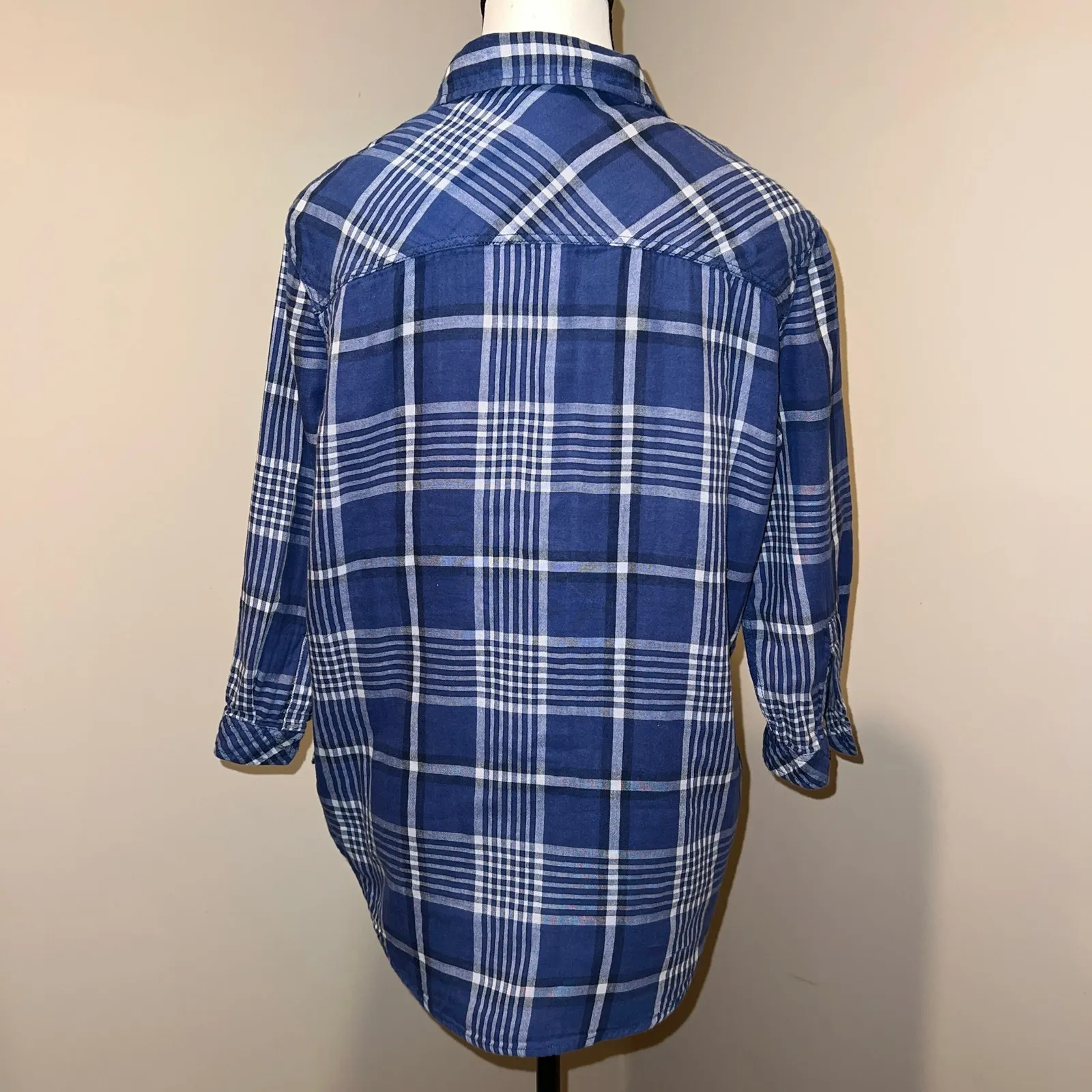 Seven7 Double Layer Gauzy Cotton Blue Plaid 3/4 Sleeve Button Up Shirt Size M - Image 3