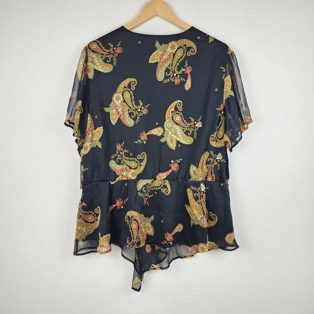 Vince Camuto Asymmetric Blouse Top Paisley Cinch Waist Lined Rich Black Size 2X - Image 5