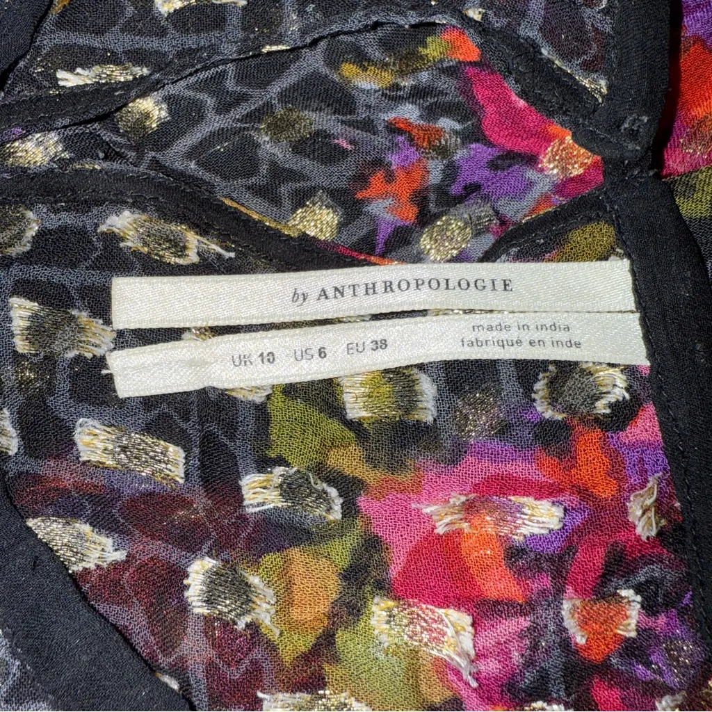 Anthropologie Black Multicolor‎ Floral Polka Dot Metallic Short Sleeve Top Sz 6 - Image 3