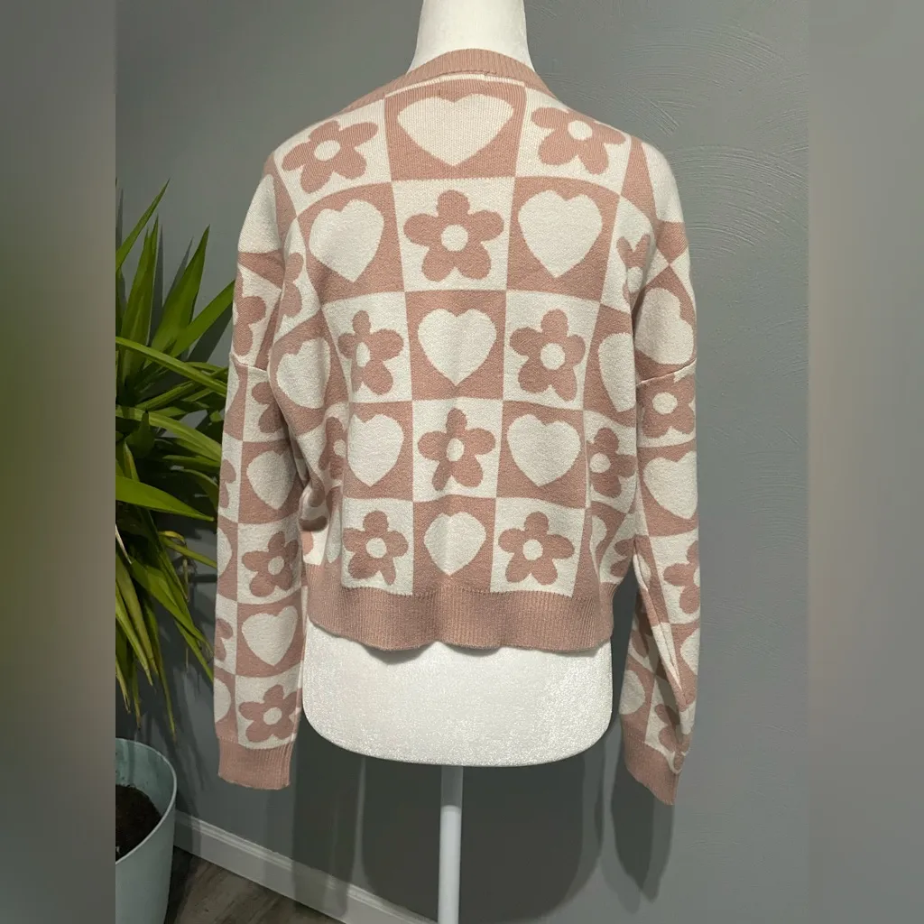Debut Pink and White Heart Flower Checkered Knit Sweater - Image 3