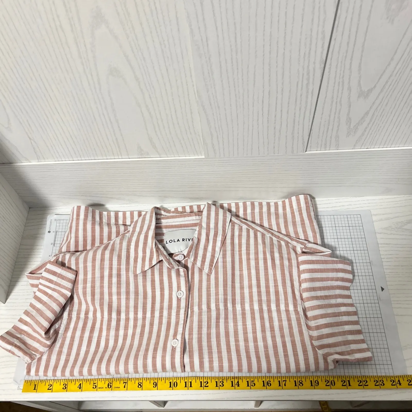 Lola River Striped Button Short Sleeve Shirt White Tan Coastal Rich Women Size S Brown - Image 6