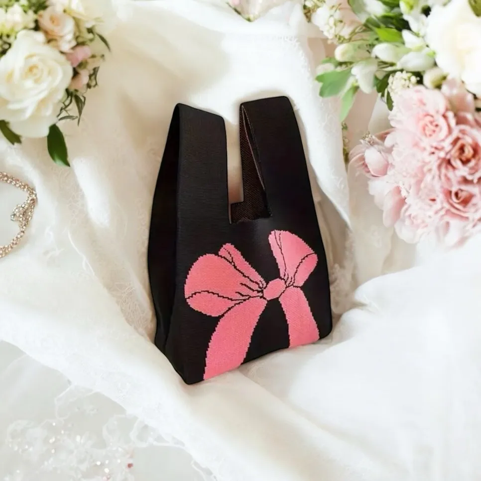Stylish Black Pink‎ Bow Knit Style Handbag Fashionable Design Versatile Wristlet - Image 7