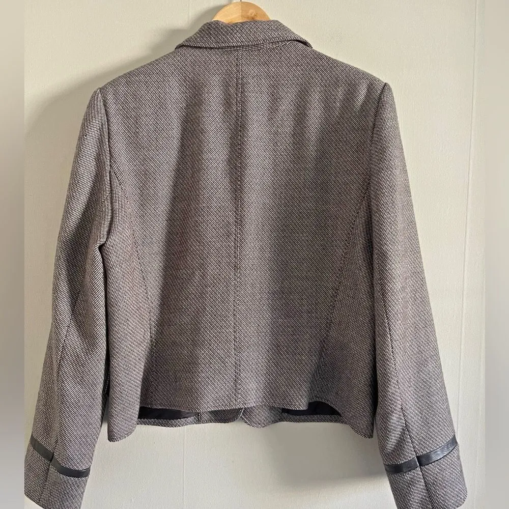 Vintage Harvé Benard Blazer L Herringbone Faux Leather Trim 90s Y2K Brown Size L - Image 10