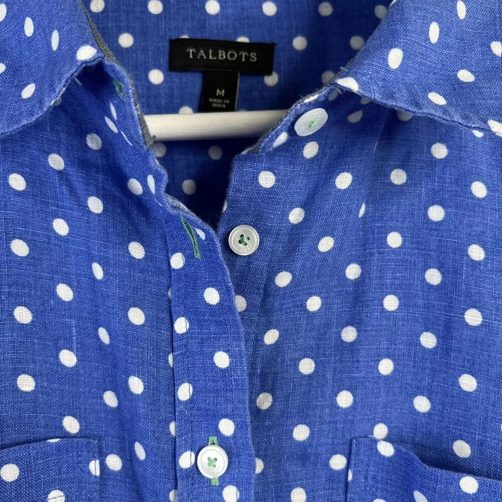 Talbots Women’s Size M Shirt Pure Linen Polka Dot Button Up Top Long Sleeve Blue - Image 5