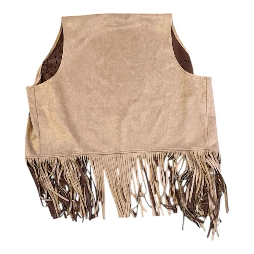 Relish NoLess Tan Faux Suede Fringe Vest Boho Western Cutout‎ Design Size Large - Image 2