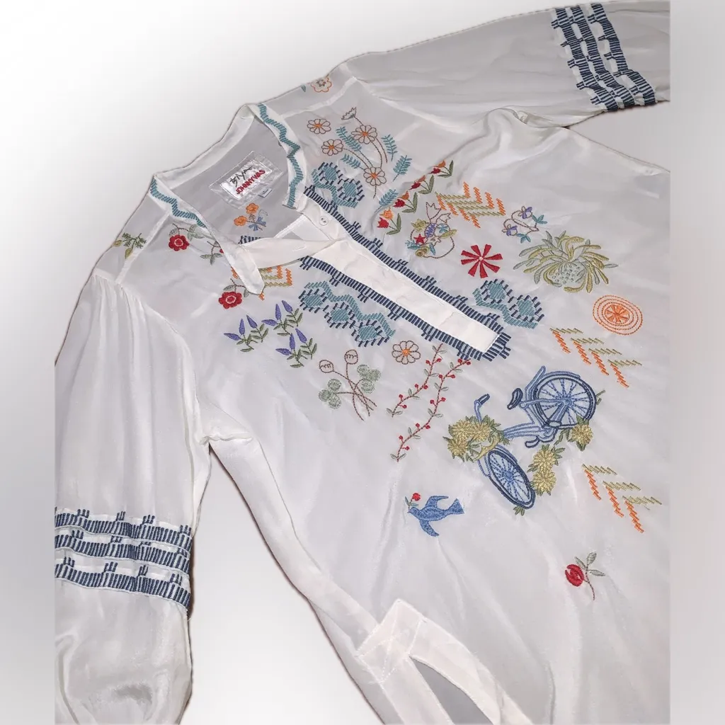 Biya Johnny Was Silk White Colorful Embroidered Henley Button Tunic Blouse S - Image 11