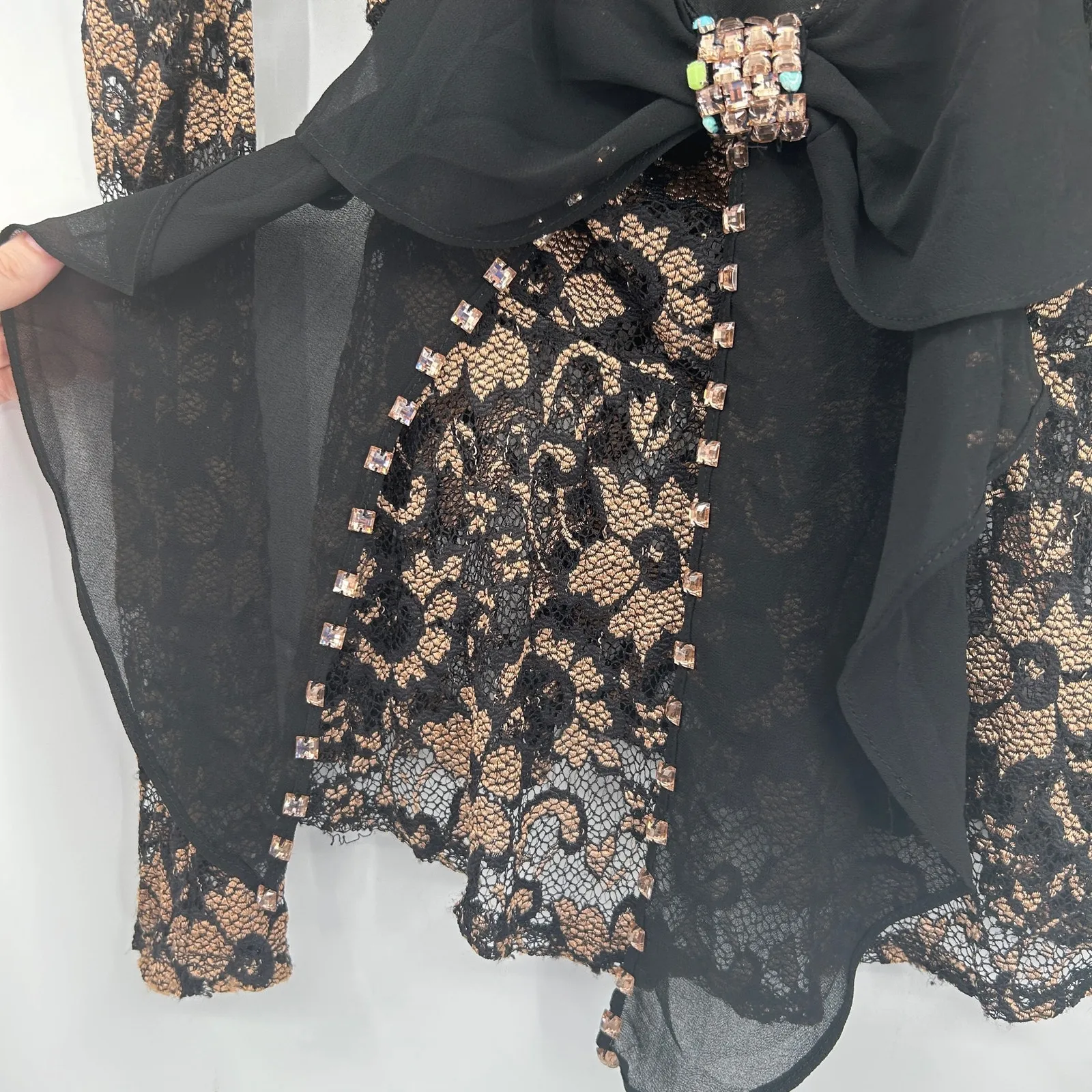 Womens Vampy‎ Whimsigoth Dark Back Bow Lace Floral Long Sleeve Peplum Top Black Size XS - Image 6