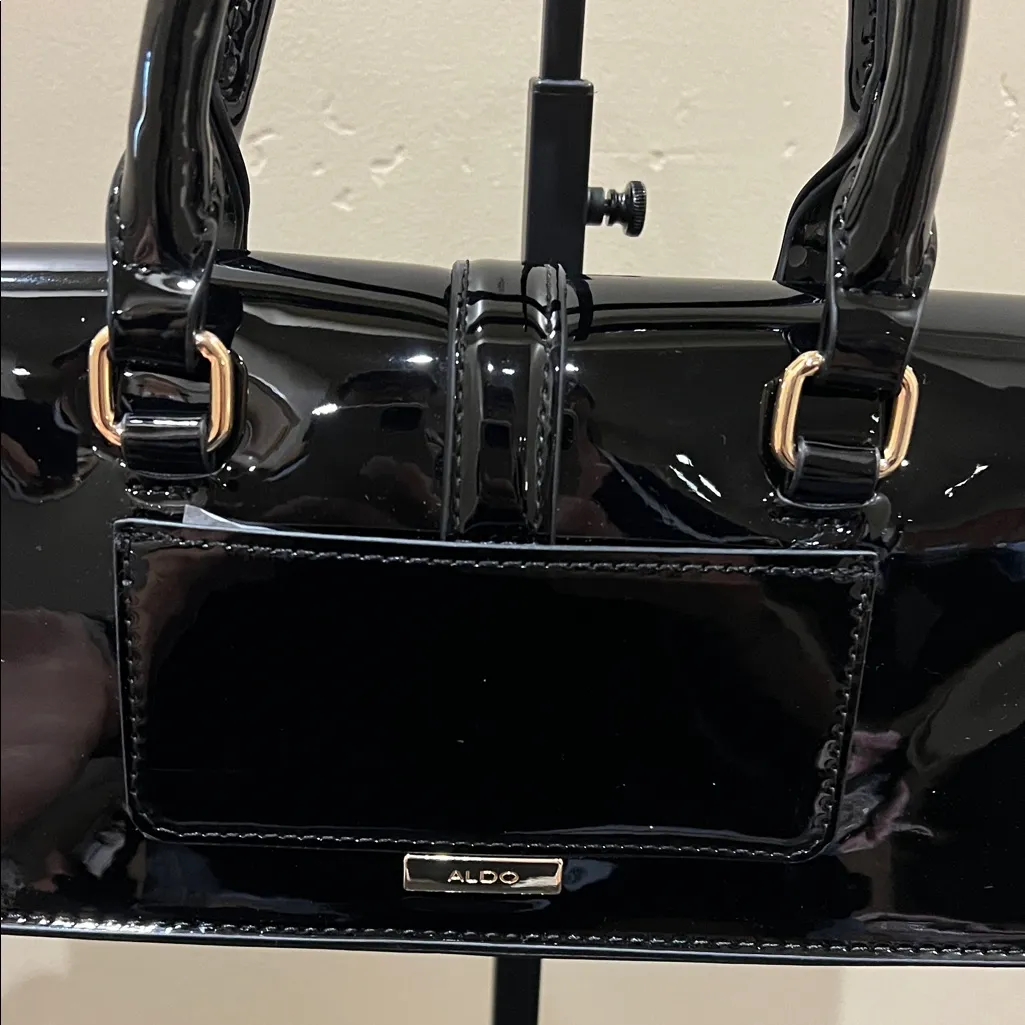 ALDO | Classic Black Patent Faux Leather Satchel w/ Matching Crossbody Strap - Image 4