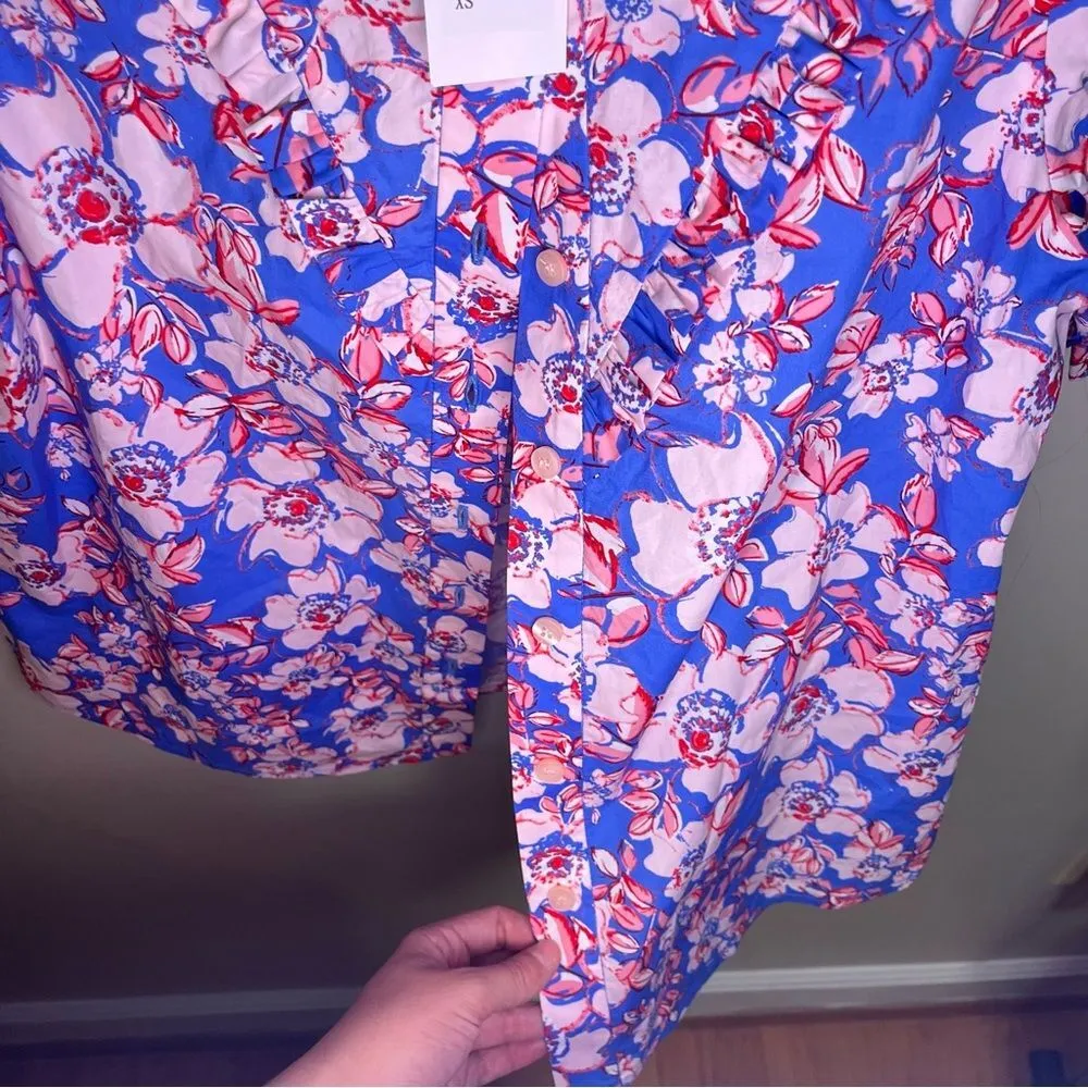 Jade Melody Tam Blue Pink Floral Short Sleeve Button Down Shirt XS Yoke Blouse - Image 6