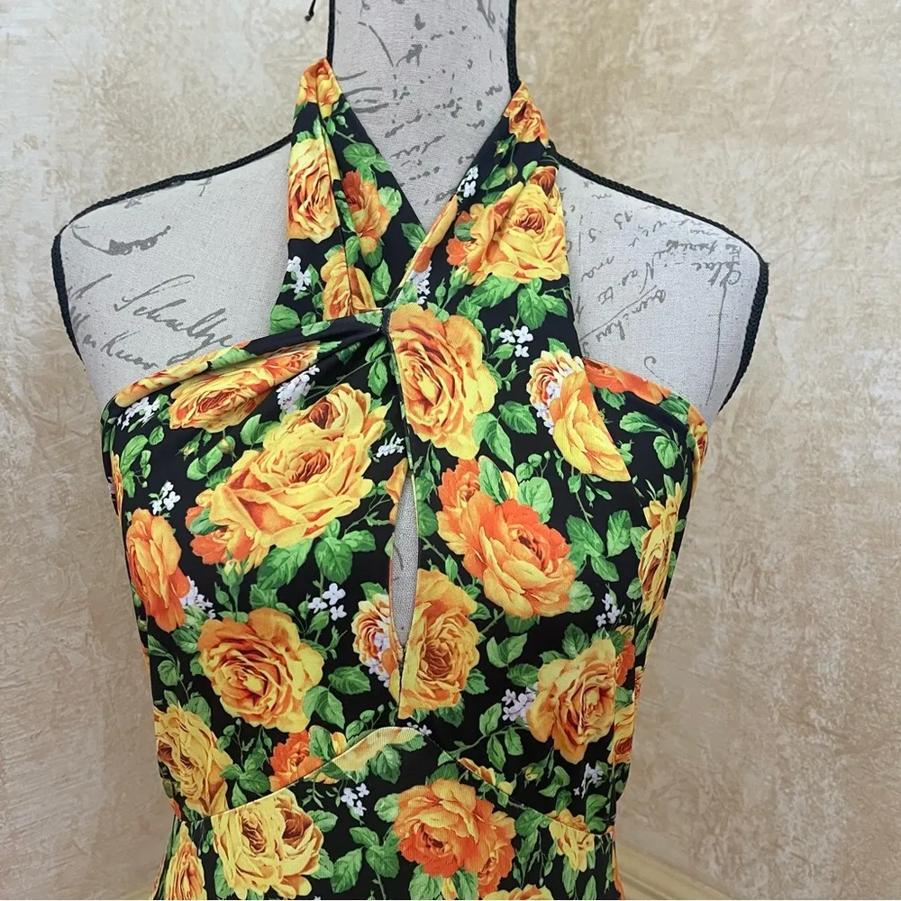 Zara Twist Neck Floral Halter Top Bodysuit Small Yellow Green Floral Sz M - Image 7