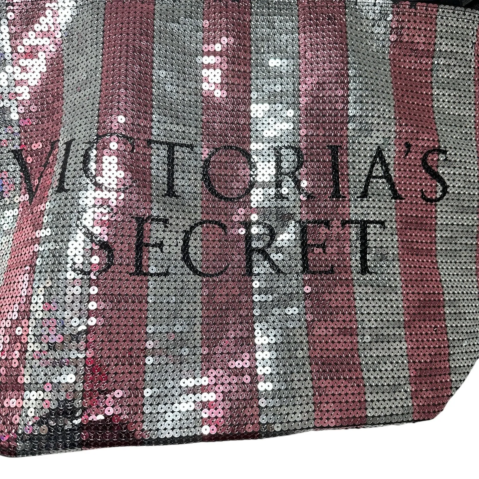 Victoria's Secret Pink Silver Sequin Stripe Tote Bag Limited Edition Weekender - Image 5