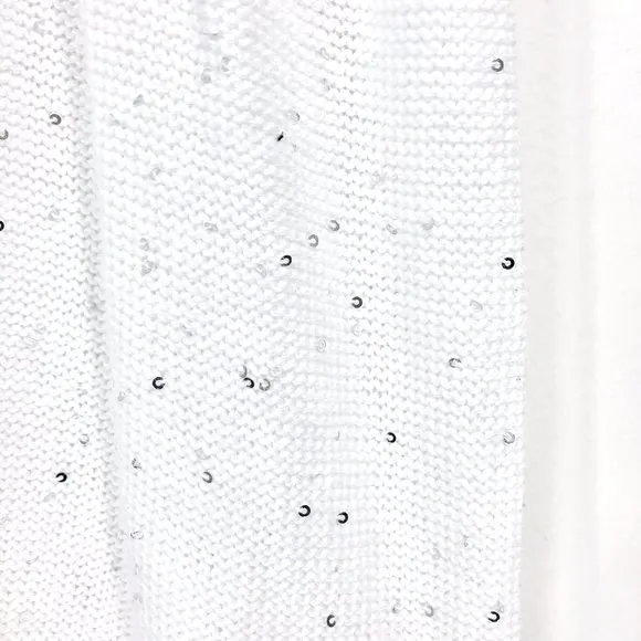 New  Silver Sequin Knit V-Neck Short Sleeve Sweater Linen Cotton White - Image 8