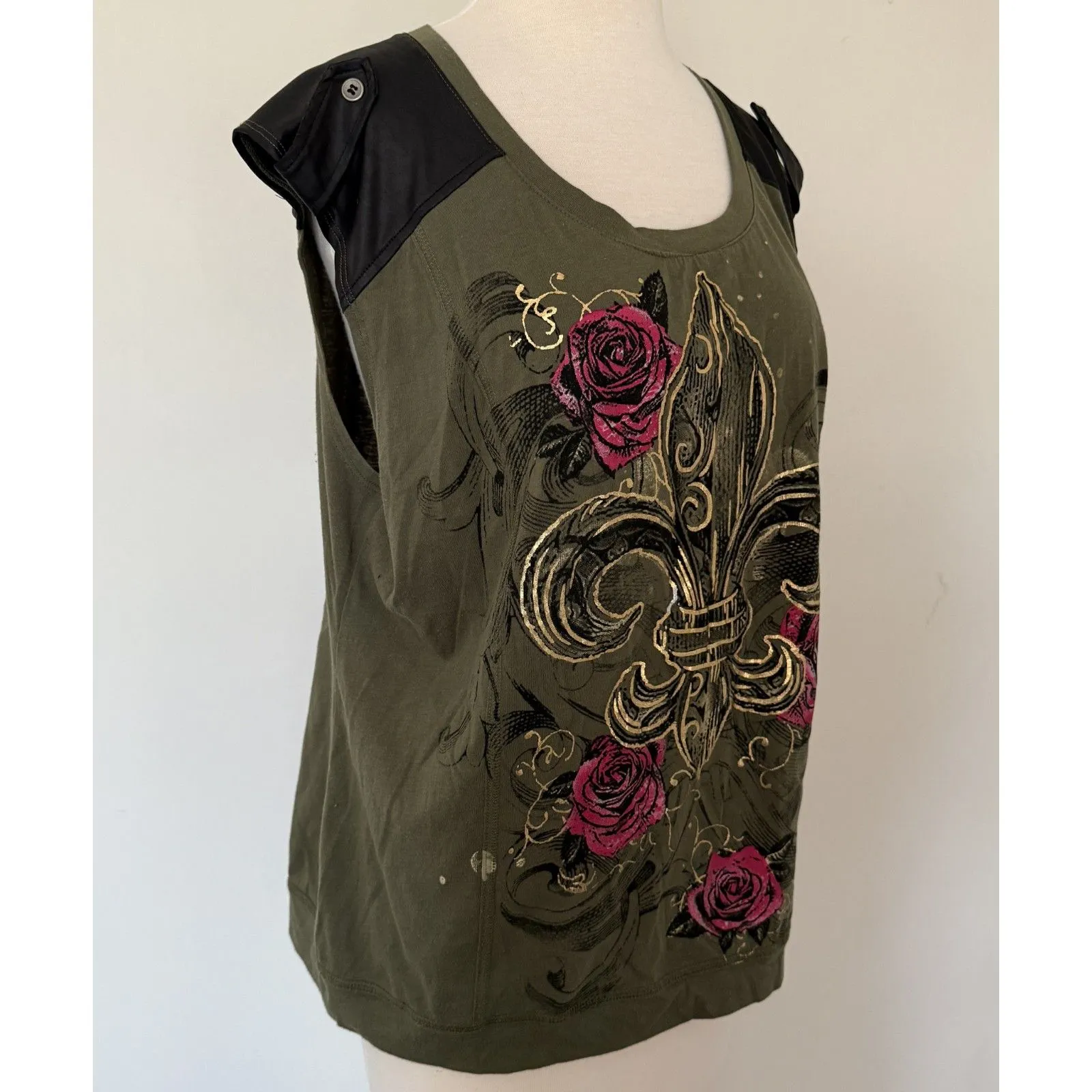 Bongo VTG Y2K Green Subculture Grunge Embellished Fleur-de-Lis Top Sz 1X - Image 5