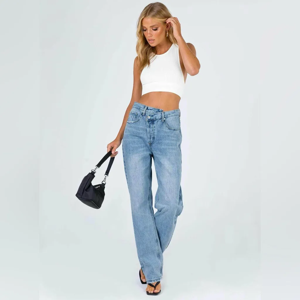 PRINCESS POLLY Holly Asymmetric Straight Leg Jean Light Wash Denim Size 2 US - Image 2