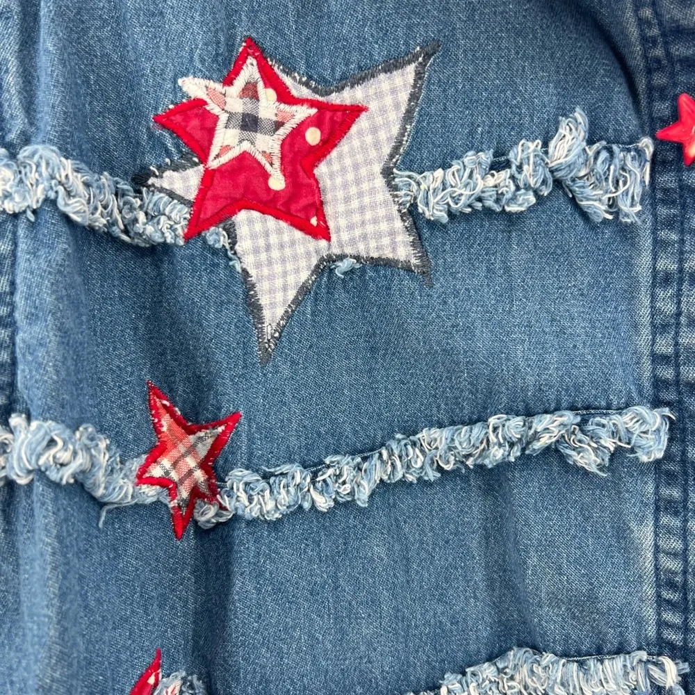 Keren Hart stars stripes patriotic American short sleeve denim button up XL Blue - Image 3