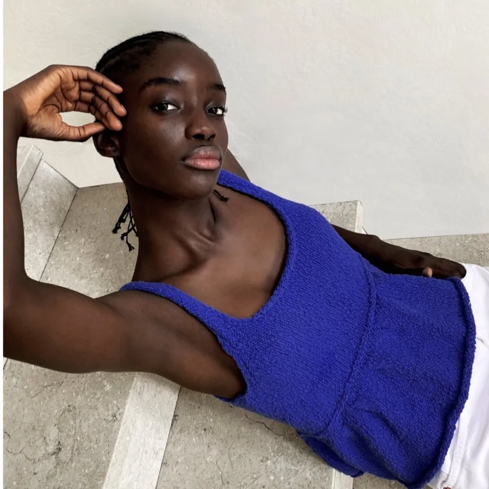 NWT ZARA RUFFLED KNIT TOP BLUE CROP MEDIUM - Image 2