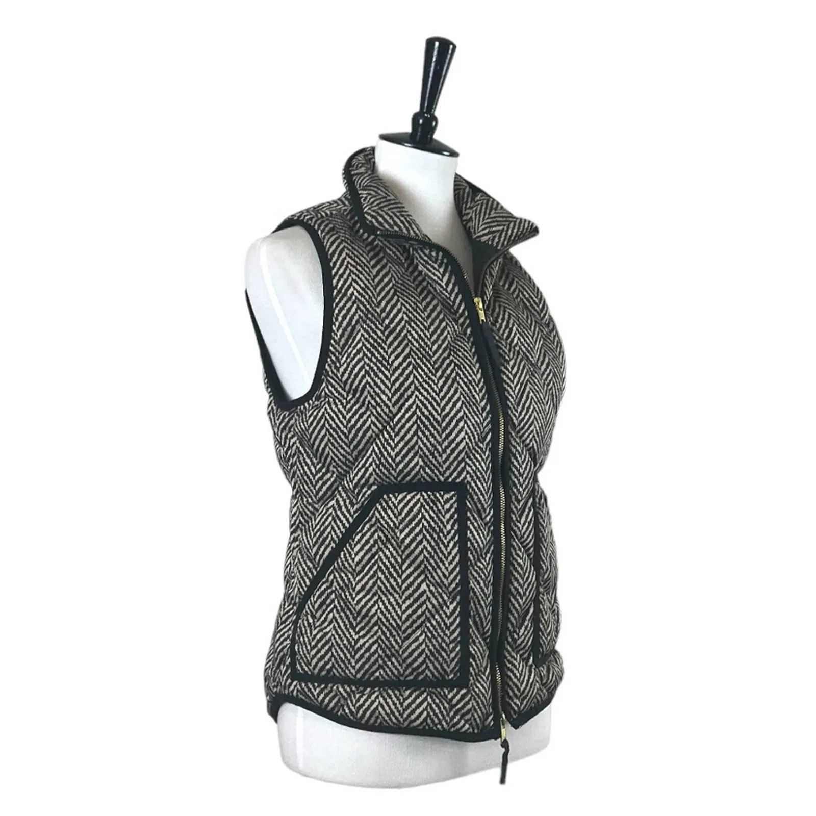 J.Crew Vest Down Filled Quilted Puffer Herringbone Black Tan Women’s Size Small - Image 3