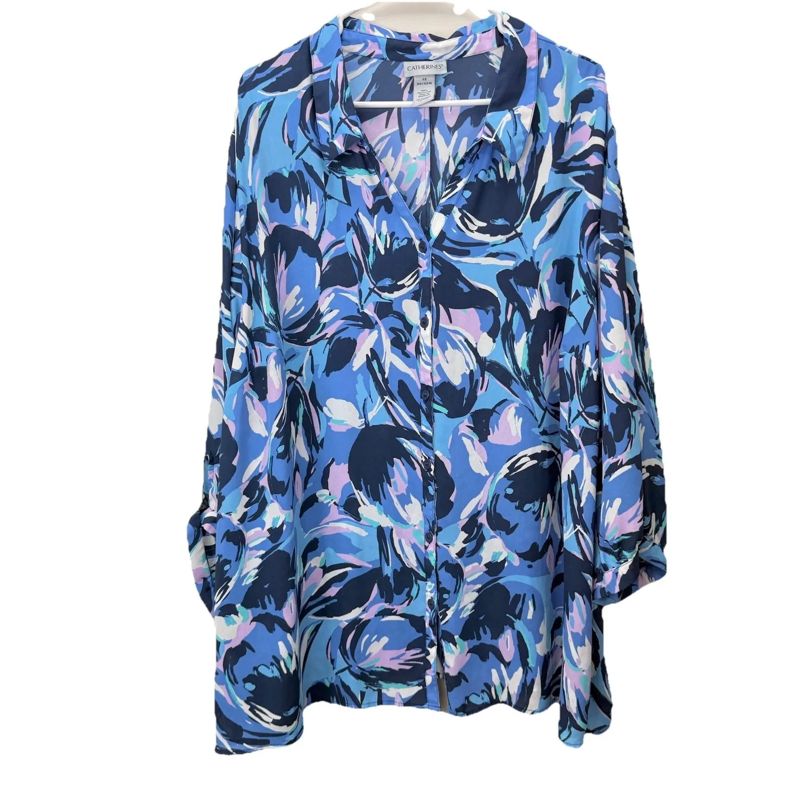 Catherines Blue Floral Button Up 3/4 Sleeve Timeless‎ Blouse Size 4X - Image 2