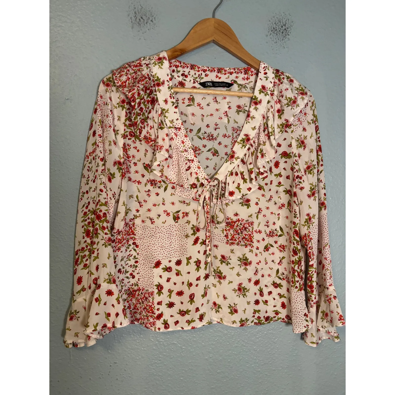 Zara Women's Patchwork Print Ruffle Shirt White Red Rose & Cherry Print Coquette - Image 3