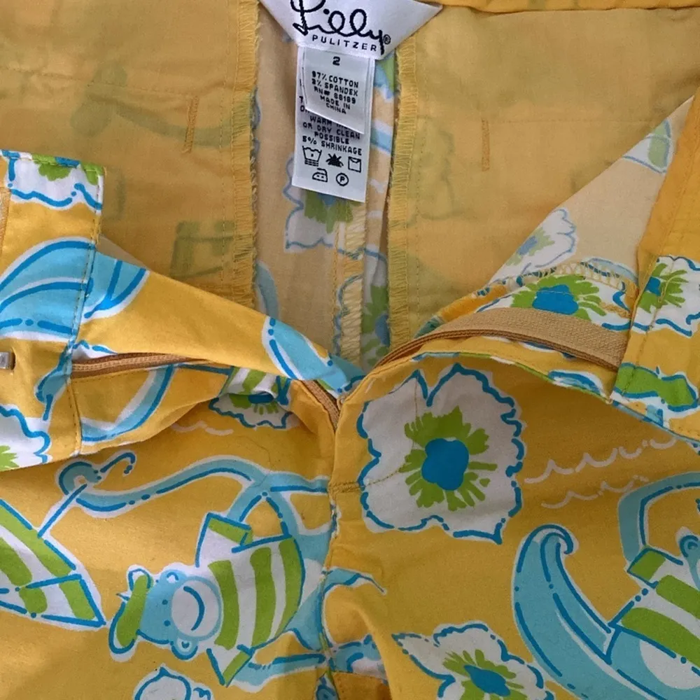 Lilly Pulitzer Cropped Pants Yellow Blue Monkey Boat Floral Flowers Stretch 2 - Image 7