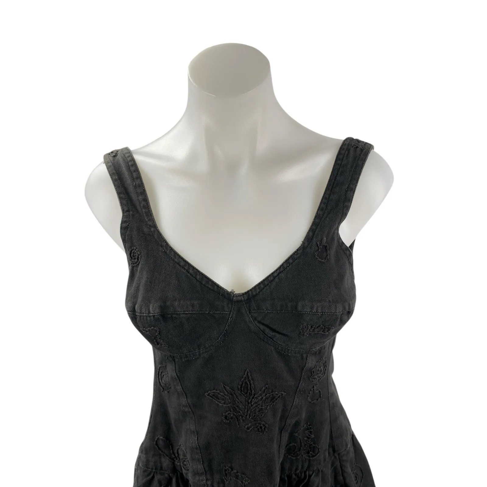 Warehouse Black Floral Embroidery Sleeveless Open Back Denim Fit & Flare Dress M Size M - Image 2