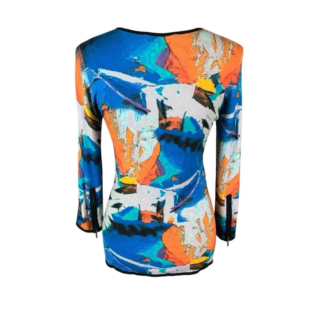 Linea Blu Abstract Zip Cardigan XS Vibrant Bold Print Lightweight Statement - Image 2