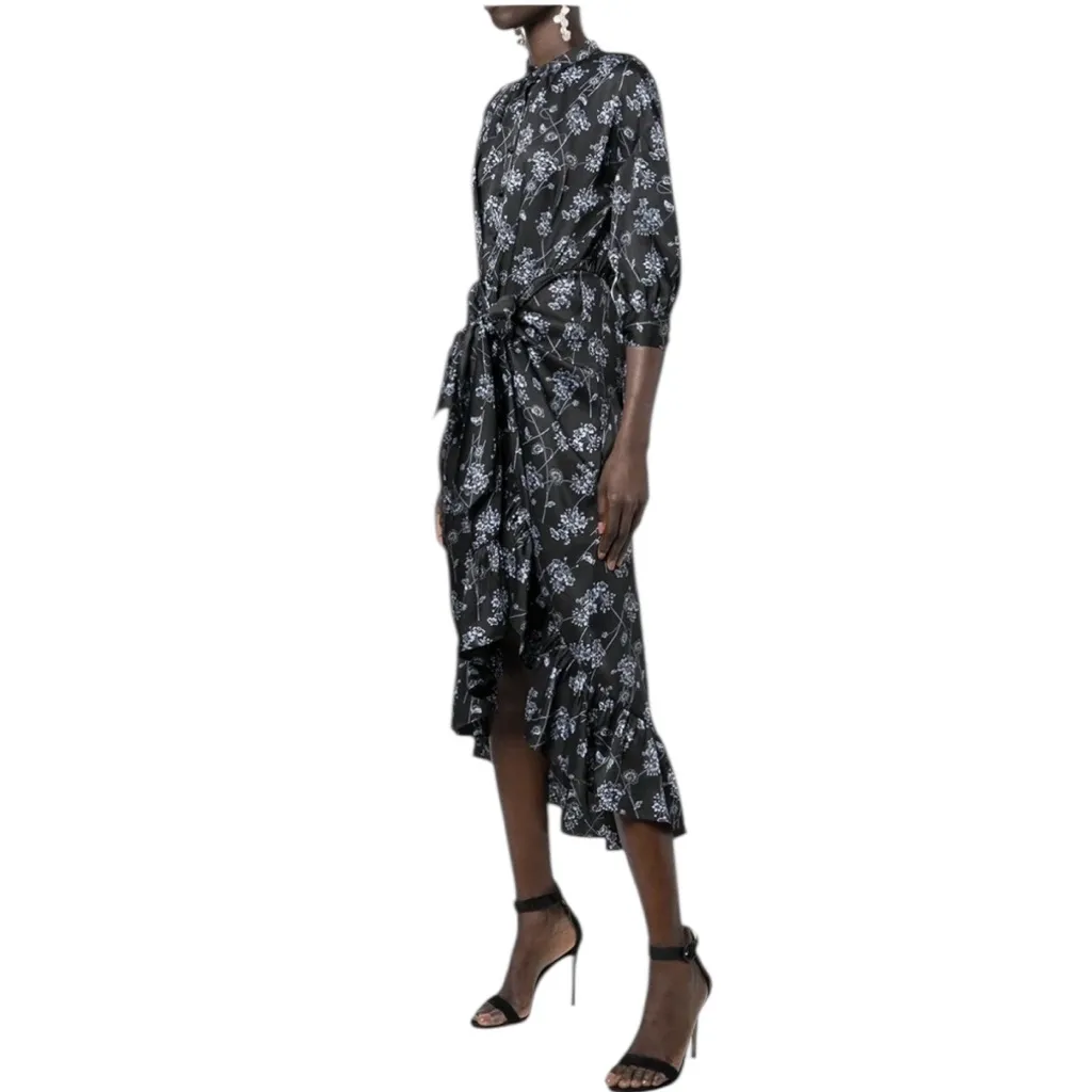 Cinq a Sept Halette Wrap Midi Dress Black & Blue Floral Print Size 4 - Image 4